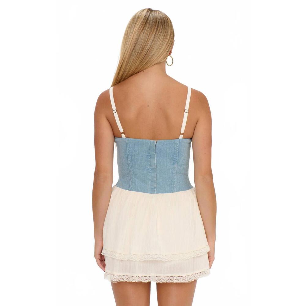NEW SHOW ME YOUR MUMU geneva mini dress in light indigo with cream voile - Picture 3 of 3